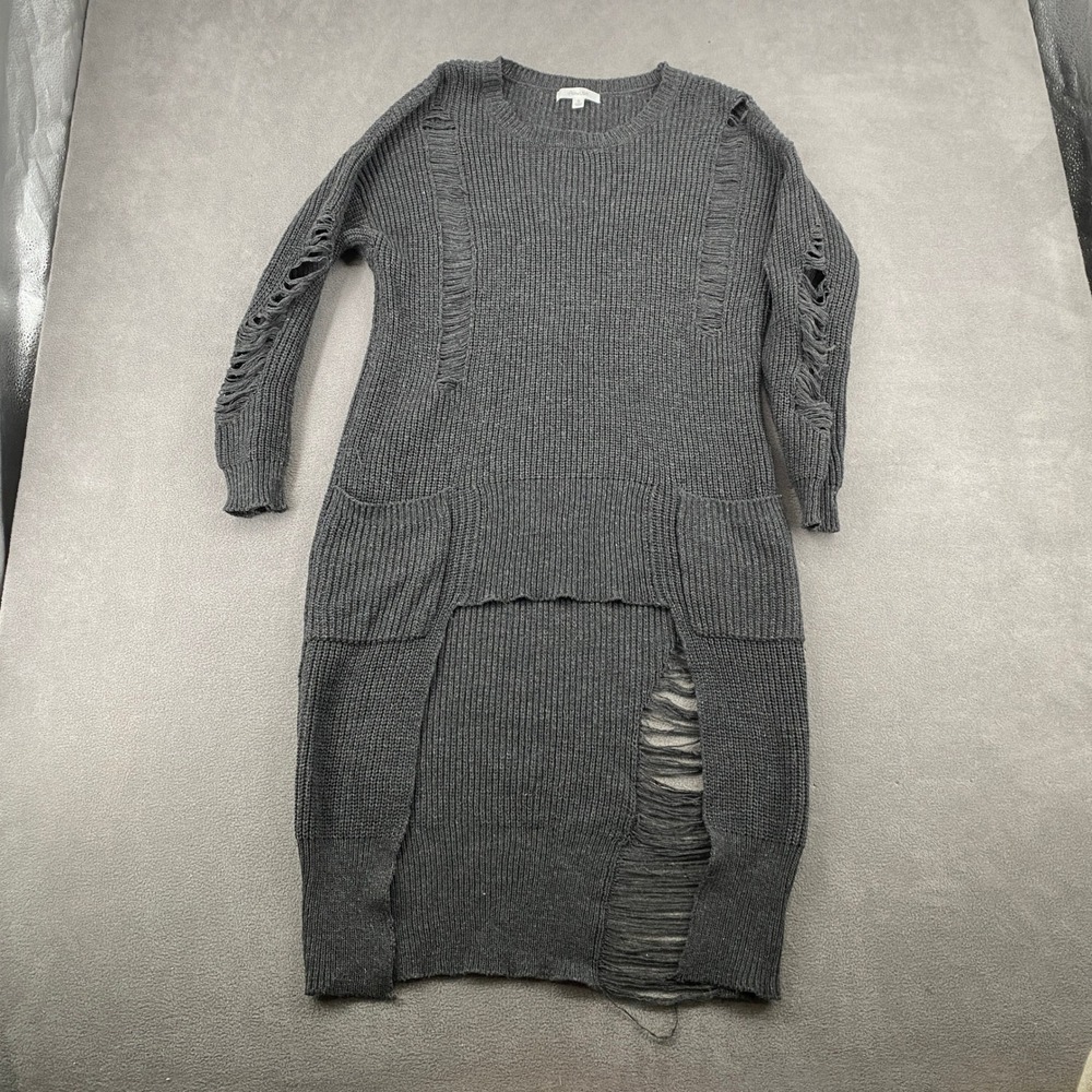 Active USA Distressed Knit Sweater Dress Charcoal Gray High Low Shredded Small